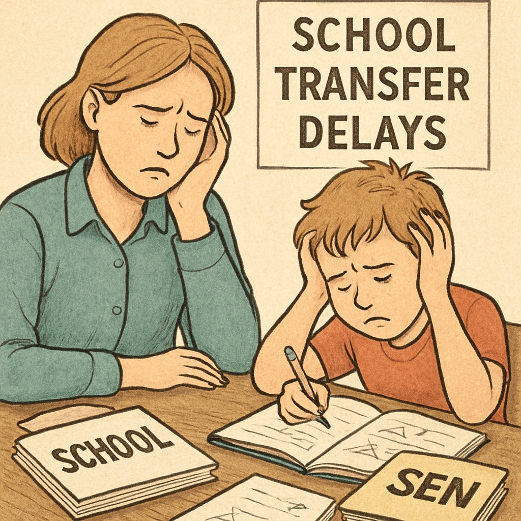 Special educational needs school transfer delays visualized with a parent and child.