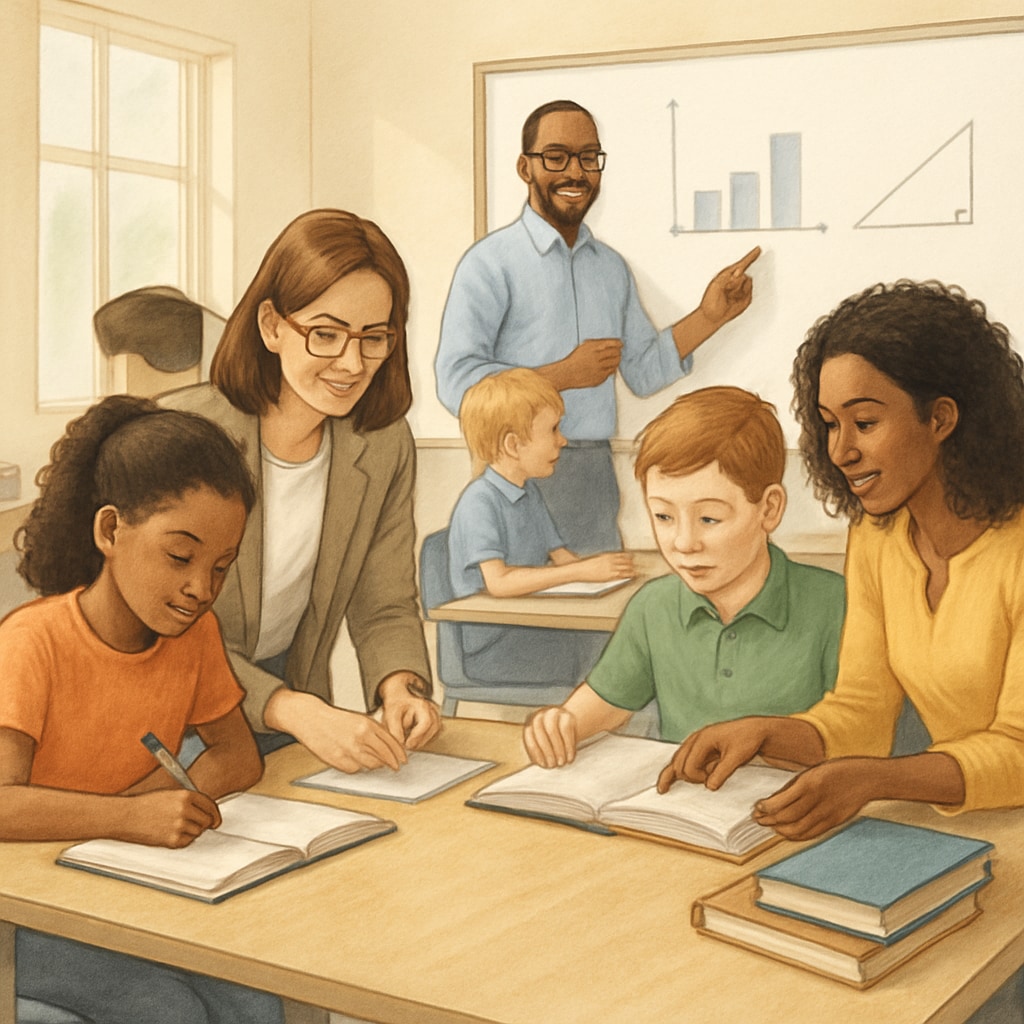 University educators collaborating with K12 students in a classroom setting.