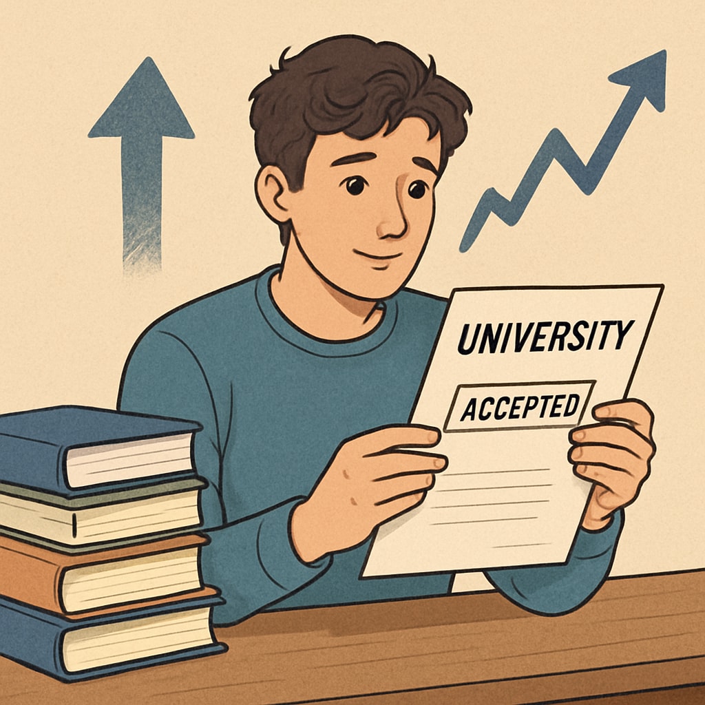 A young student sitting with books, looking at a university acceptance letter, symbolizing hope and challenges. Immigrant student holding Oxford University acceptance letter, representing tuition challenges