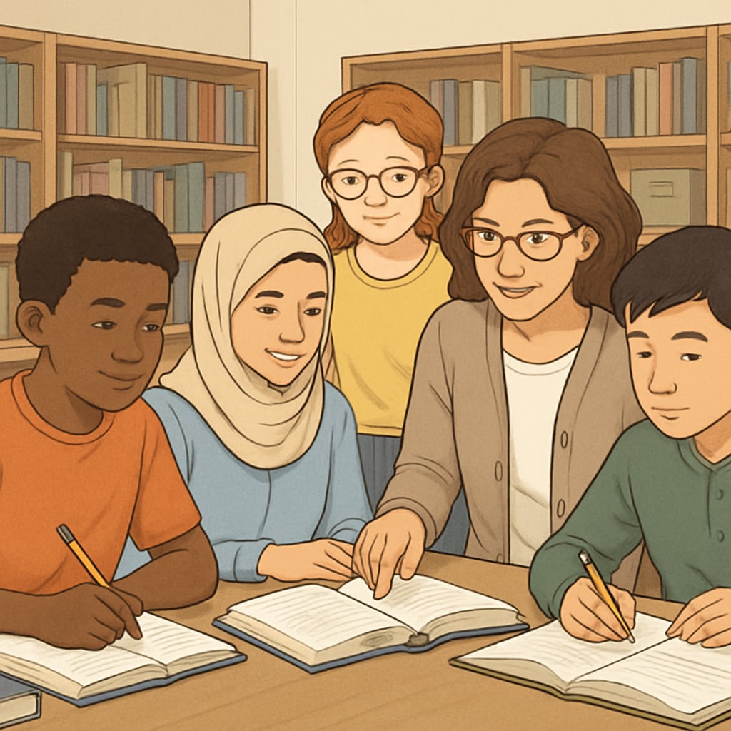 A diverse group of students studying together in a library, representing the inclusivity of education. Diverse students collaborating in a library, highlighting education equality