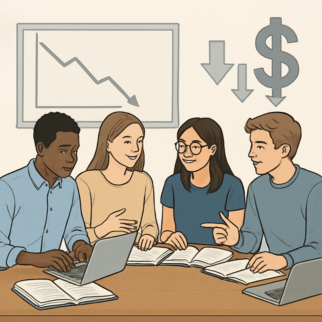 A group of university students sitting at a desk with books and laptops, symbolizing collaboration and learning amidst financial challenges. University students studying together, highlighting the challenges of tuition inequities for immigrant students.