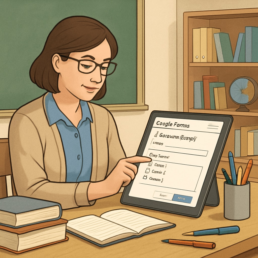 A teacher using a tablet to design a Google Form for a classroom survey. A teacher creating a Google Form for educational research and data collection.