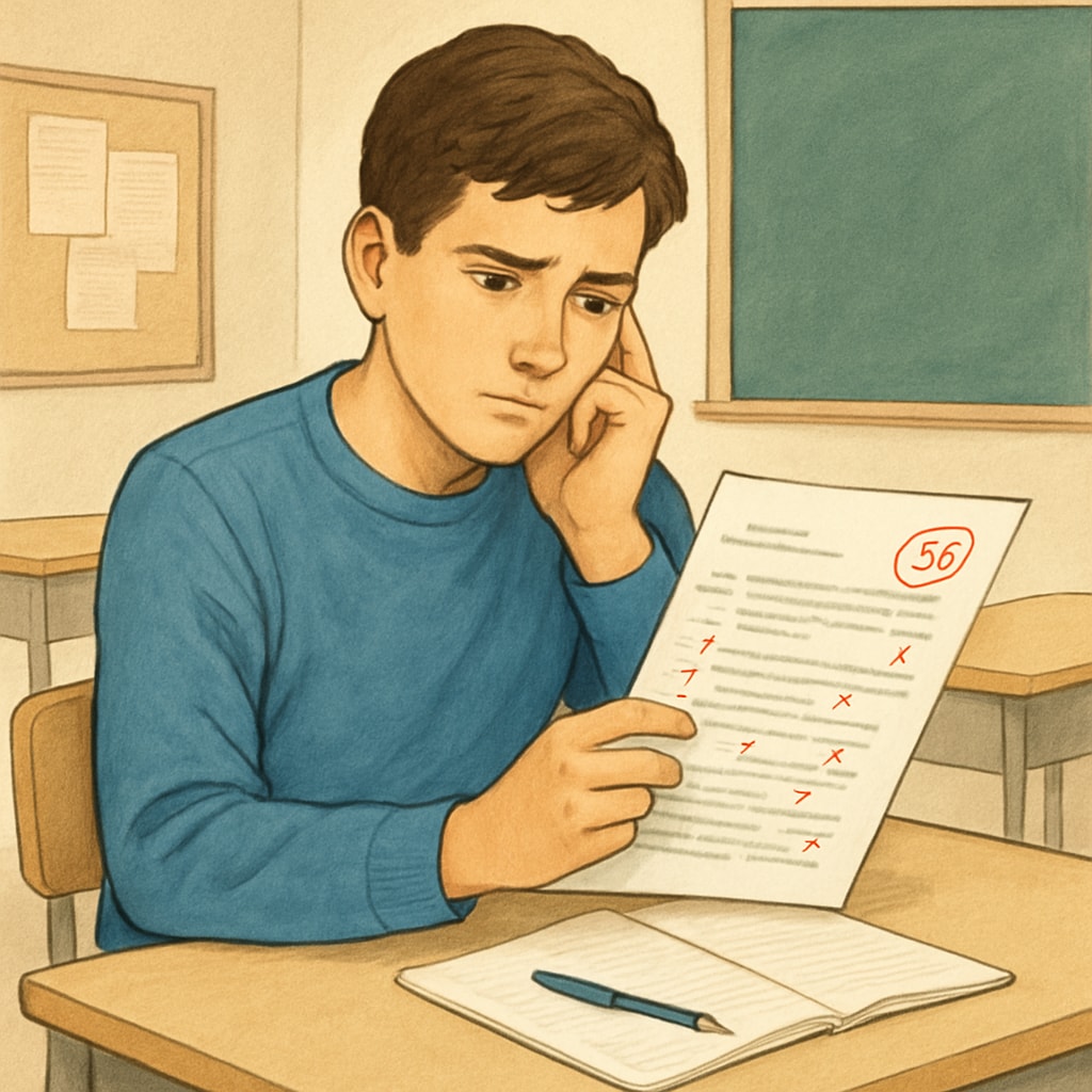 A concerned student holding a graded exam paper with visible errors, symbolizing the struggle of addressing teacher mistakes in K12 education. Student holding an exam paper with grading errors, highlighting grade appeal issues.