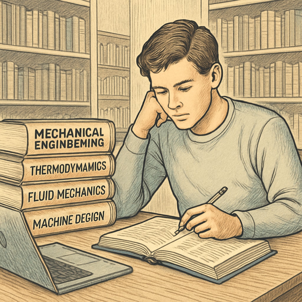 A student in a library with mechanical engineering textbooks and a laptop, symbolizing the dual degree workload. A student studying mechanical engineering and a second degree in a library.