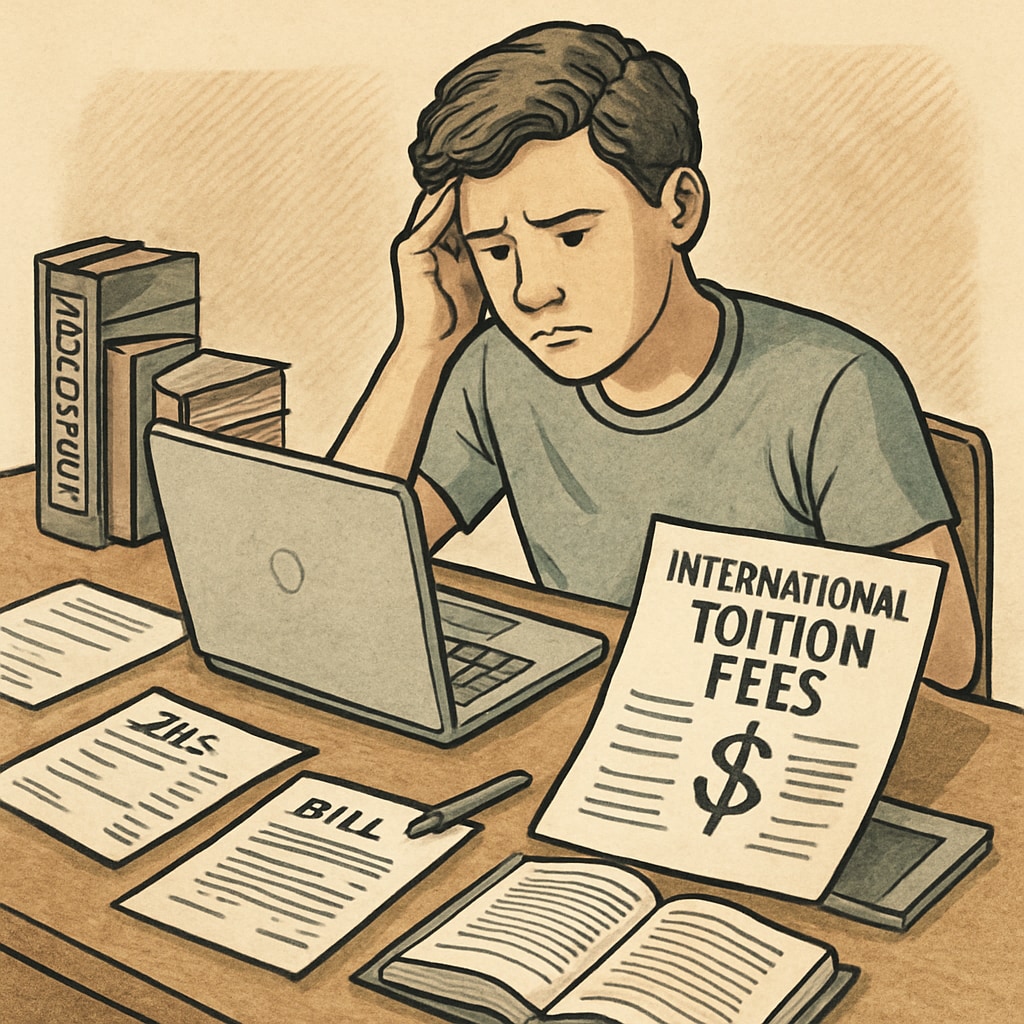 A student sitting at a desk with a laptop and financial documents, symbolizing the burden of international tuition fees. A student reviewing financial documents, representing the struggle with high international tuition costs.