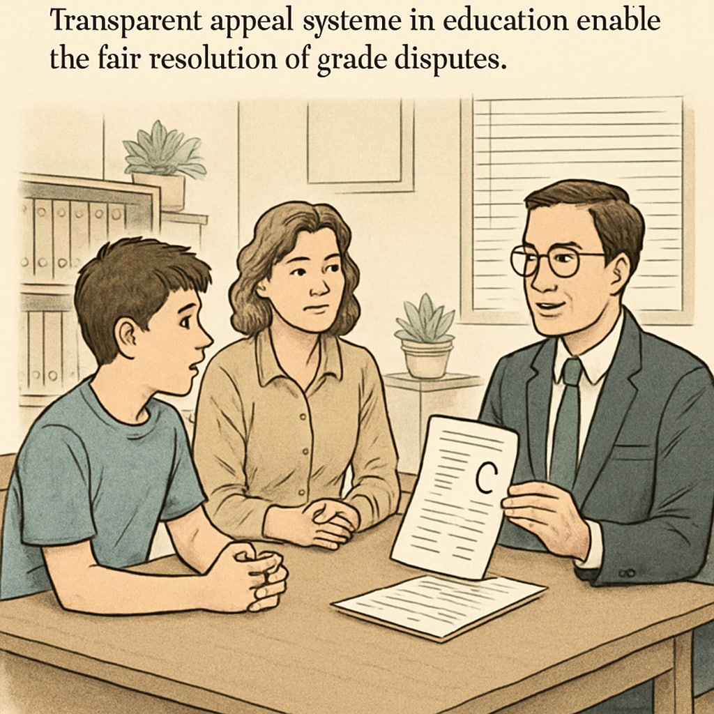 A meeting between a student, parent, and school administrator discussing grade disputes, representing the need for transparent appeal systems. Discussion about grade disputes in a school setting, emphasizing the importance of fair processes.