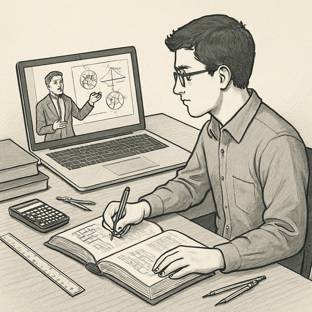 A mechanical engineering student attending an online class, balancing their degrees. A student balancing mechanical engineering and an online second degree.