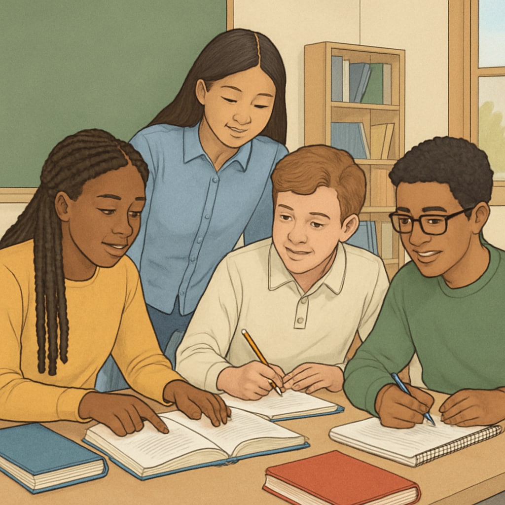 A diverse group of students working together in a classroom setting, representing collaboration and academic support. Students collaborating in a classroom to symbolize academic support and teamwork.
