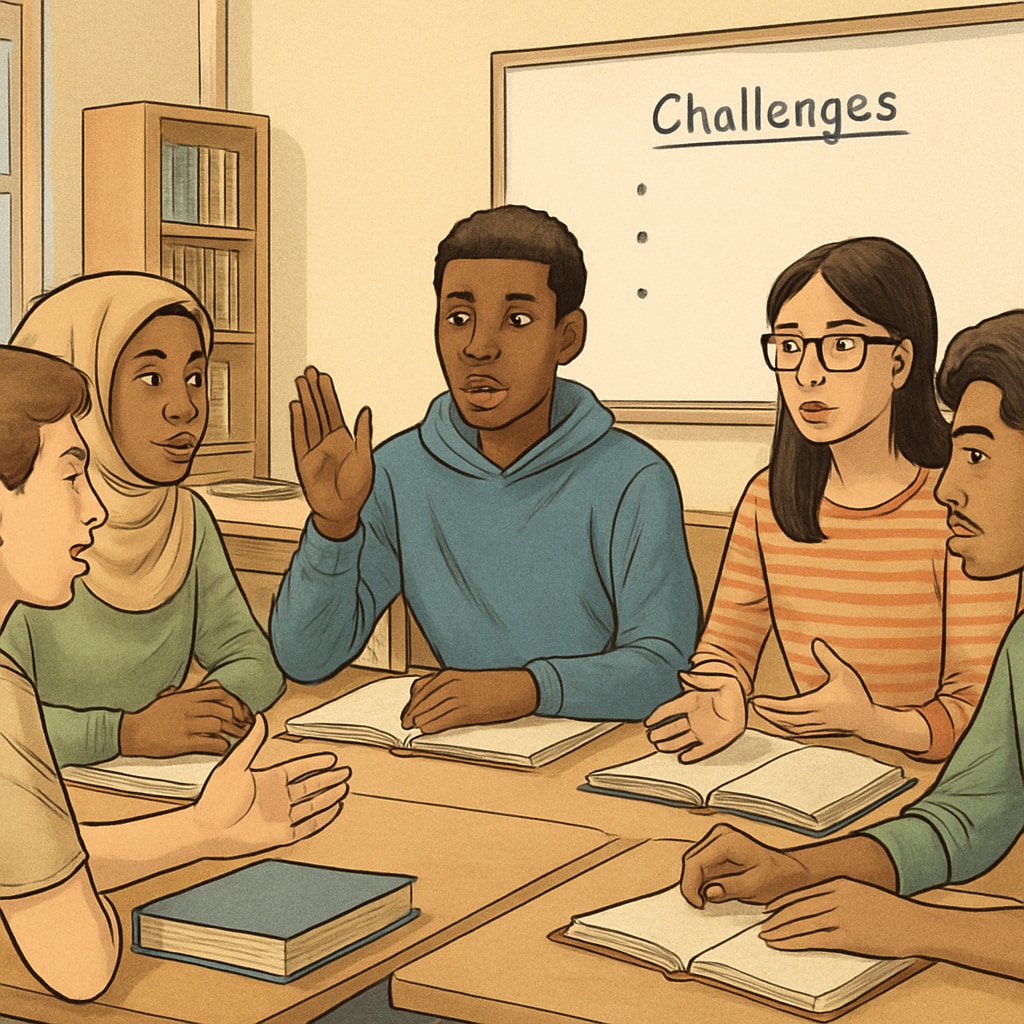 Diverse international students discussing education system differences.
