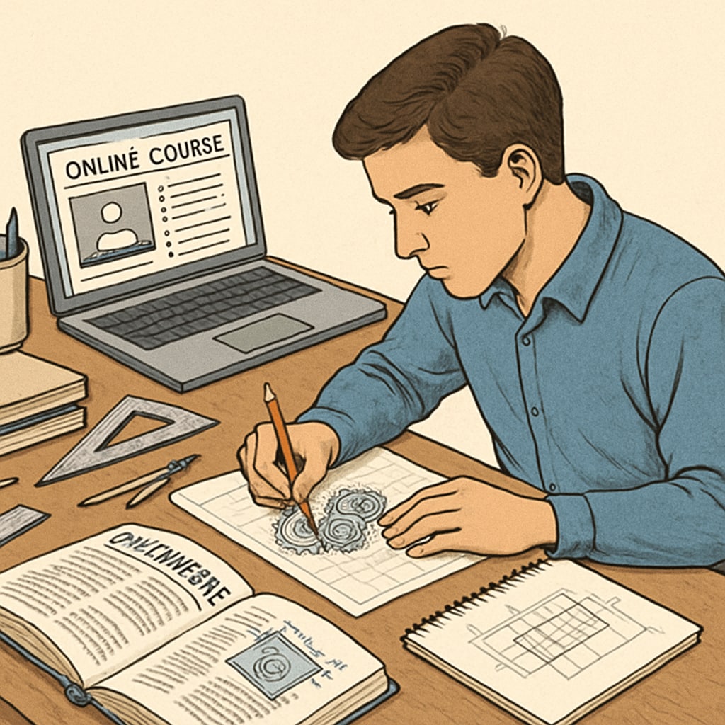 A student working on a mechanical design project, with a laptop showing an online course on the side. Student balancing mechanical engineering coursework with an online second degree.