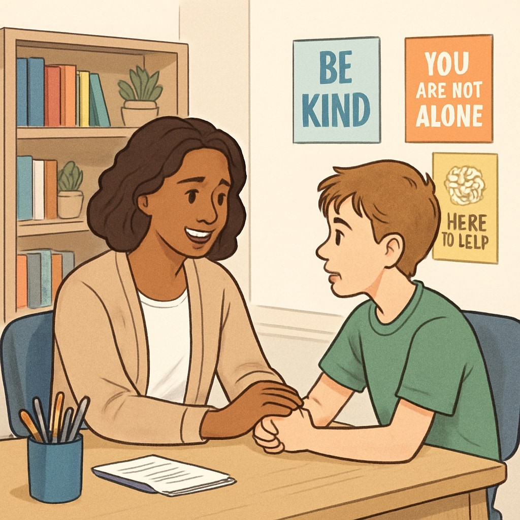 A school counselor speaking with a student in a bright, inviting office, symbolizing emotional support services. Counselor offering emotional support to a student in a welcoming environment.