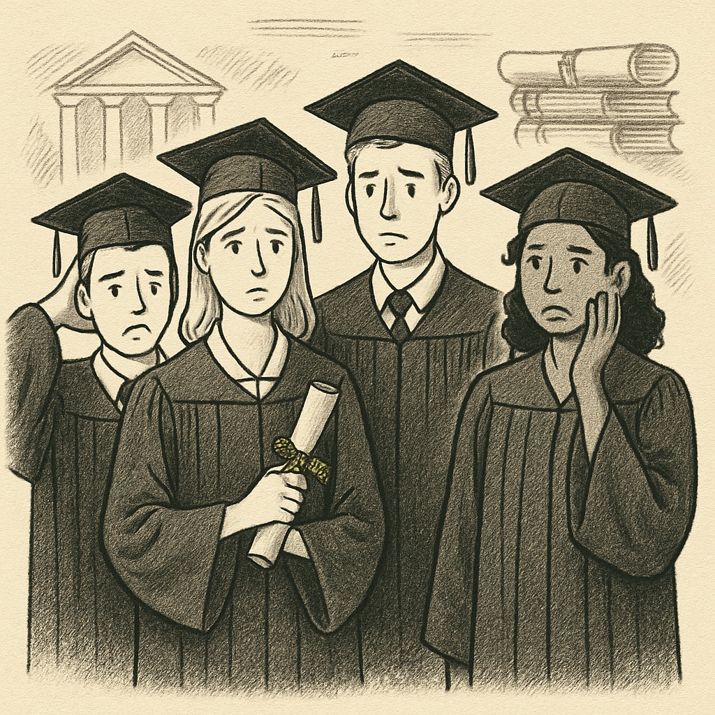 A group of graduates in academic robes, standing with uncertain expressions, symbolizing the employment challenges faced after education. Graduates facing employment challenges, emphasizing the disconnect between education and job market needs.