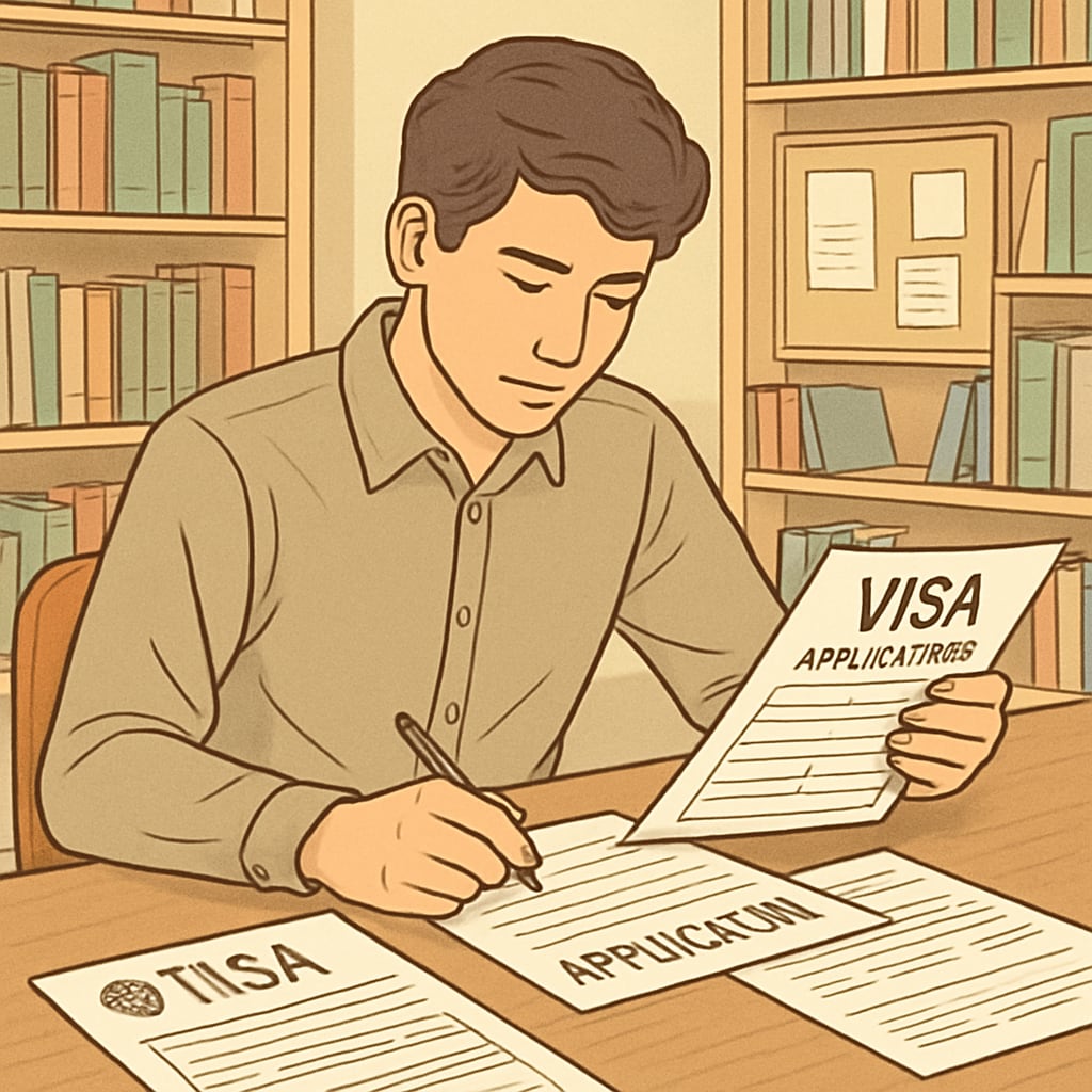 Student reviewing university admission and visa documents.