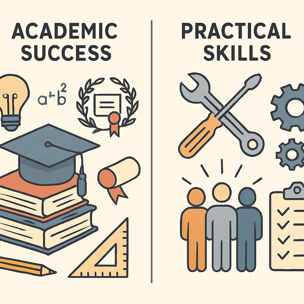 A visual comparison showing a balance between academic success (books and diplomas) and practical skills (tools and teamwork). Academic success versus practical skills in modern employment.