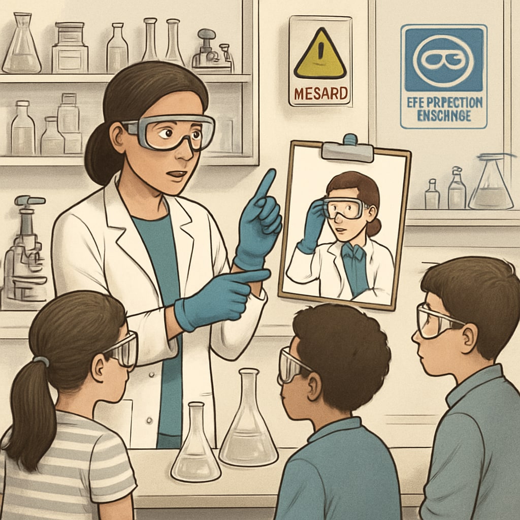 A STEM teacher demonstrating a safety protocol in a laboratory setting, emphasizing the need for administrative support in ensuring student safety. STEM teacher demonstrating lab safety protocol