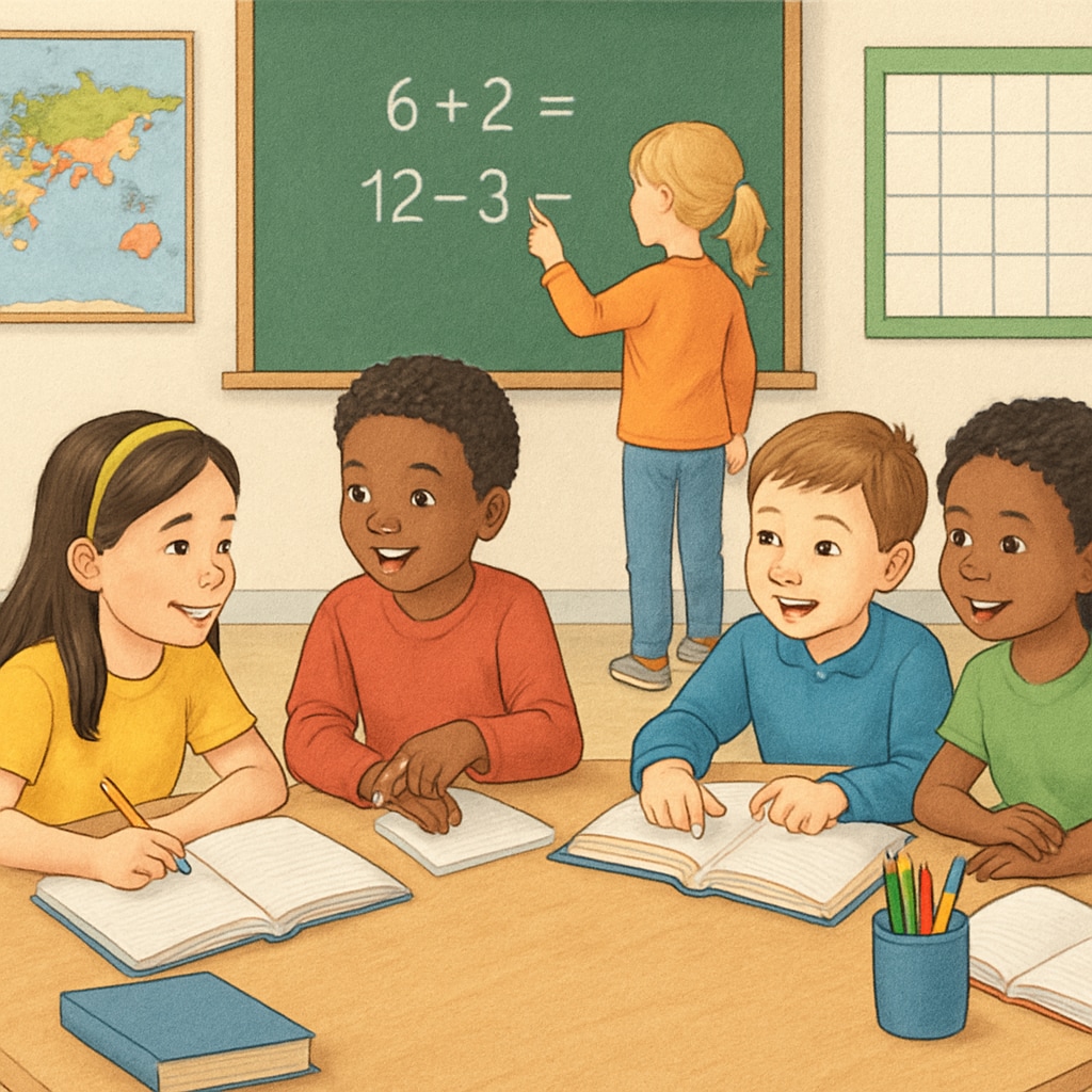 A classroom filled with elementary students actively engaged in group learning activities. Public elementary school classroom with students involved in group activities.