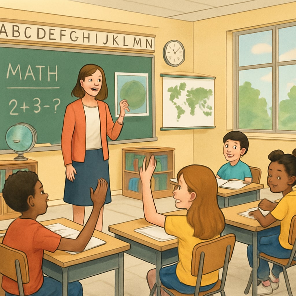 A welcoming and colorful elementary school classroom with engaged students and a teacher actively teaching. A vibrant classroom showcasing a quality public elementary school environment.