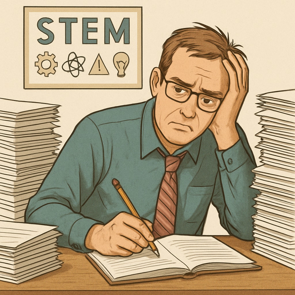 A frustrated STEM teacher surrounded by paperwork, symbolizing the challenges of administrative-teaching conflicts in STEM education. Frustrated STEM teacher with paperwork