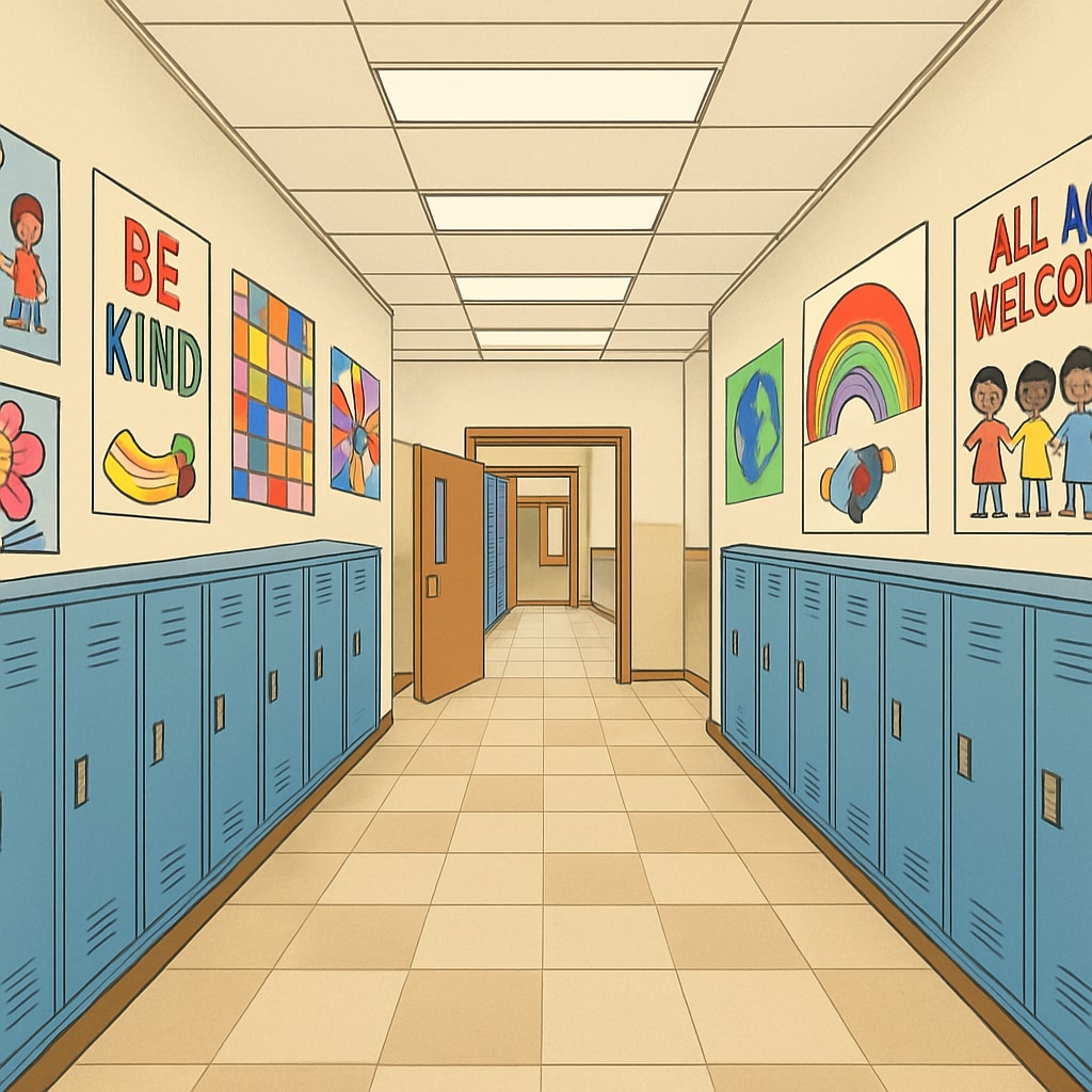 A school hallway with student artwork displayed on the walls, showcasing creativity and inclusivity. Public school hallway with colorful artwork representing student creativity and inclusivity.