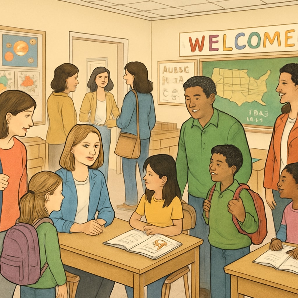 Parents and children visiting an elementary school during an open house event. Parents and children exploring a school to evaluate its suitability.
