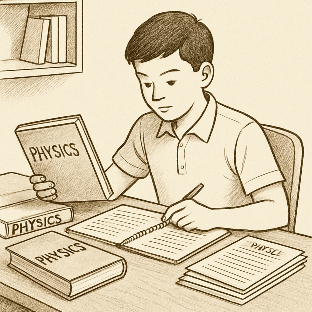 Student preparing for physics exams with organized notes and textbooks.