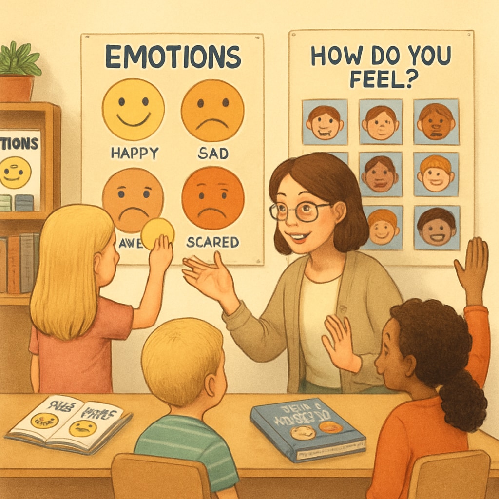 A classroom setting where children are learning about emotions through interactive activities. The image visually conveys the concept of emotional education in academic environments. Emotional education activities for children in a classroom setting