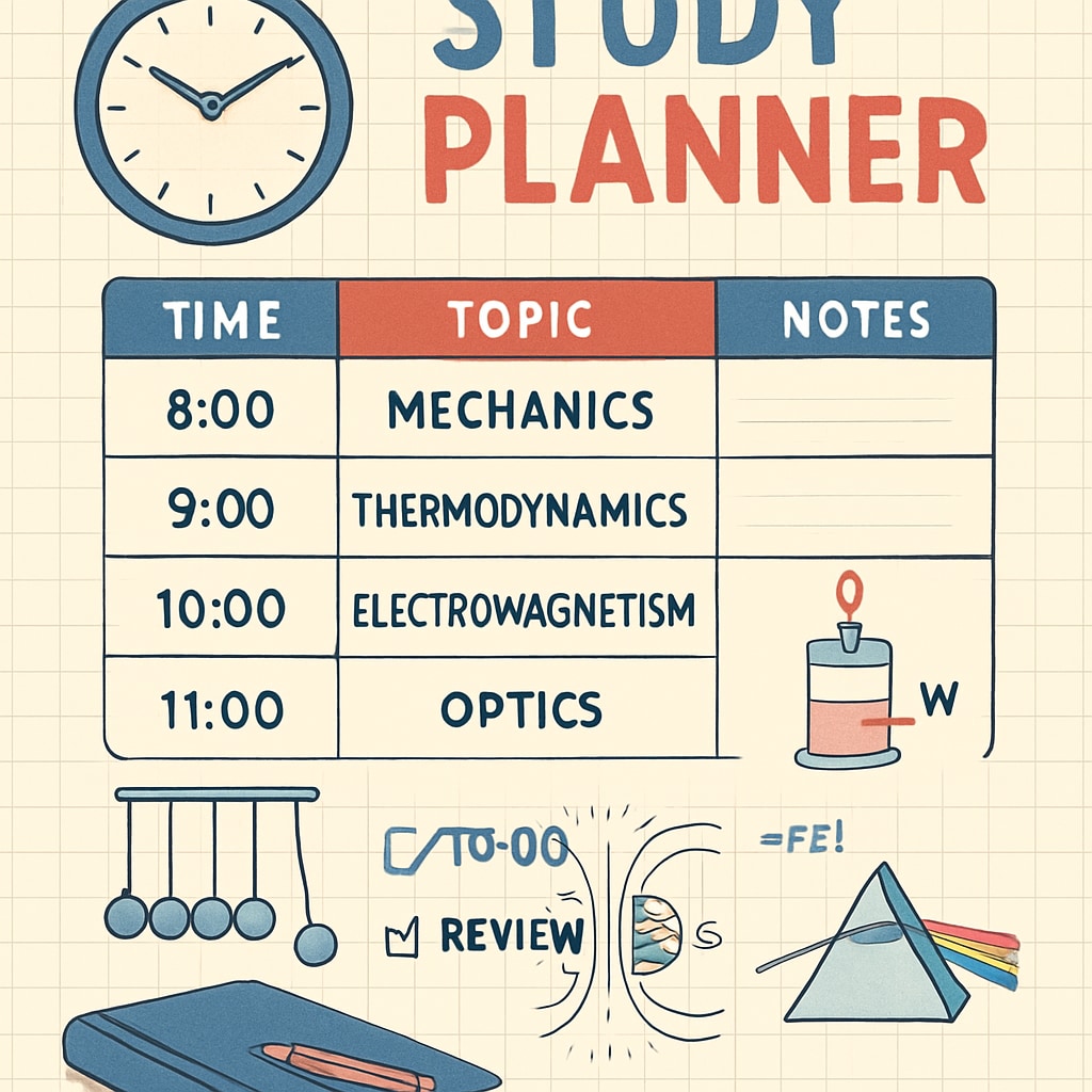 Study planner showing scheduled preparation for physics exams.