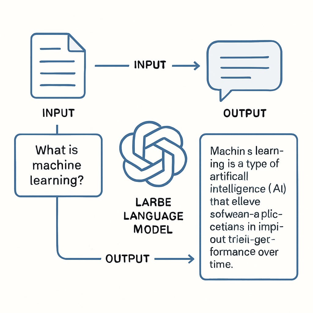A simplified visual workflow of API-based interaction with a large language model, showcasing input, processing, and output. Diagram of API workflow for large language model applications.