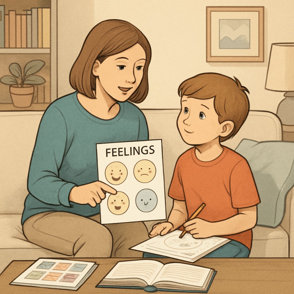 A parent and child discussing feelings during a structured emotional education activity at home. This image highlights how emotional education can be implemented in family settings. Parent-child emotional education activity at home
