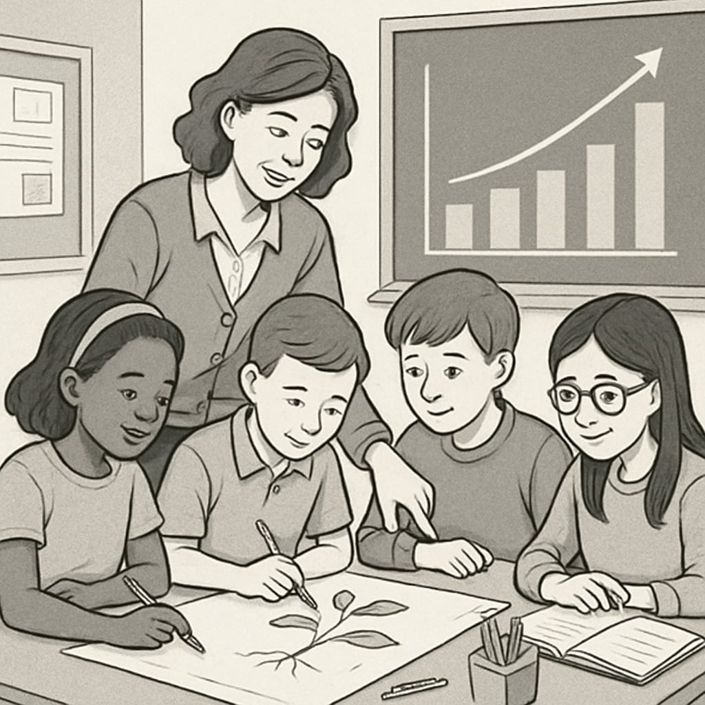 A teacher guiding students in a creative group project, demonstrating growth-focused learning. Teacher assisting students in group work, emphasizing growth-focused education.