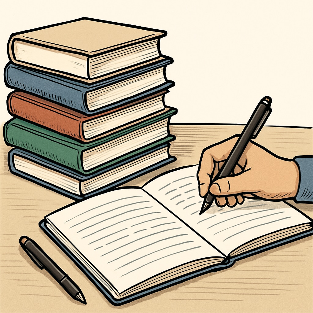 A stack of books on a desk with a student taking notes, symbolizing learning methods and memory techniques. A stack of books and a student taking notes, representing learning methods and memory techniques.