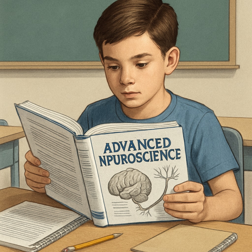 Gifted student exploring advanced neuroscience textbooks for academic enhancement.