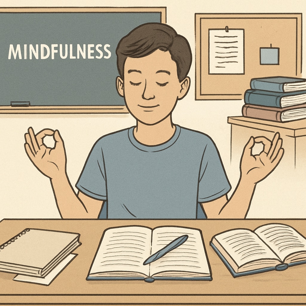 A student practicing mindfulness techniques with a notebook, symbolizing focused learning strategies from recommended books. A student practicing mindfulness techniques to enhance learning strategies.