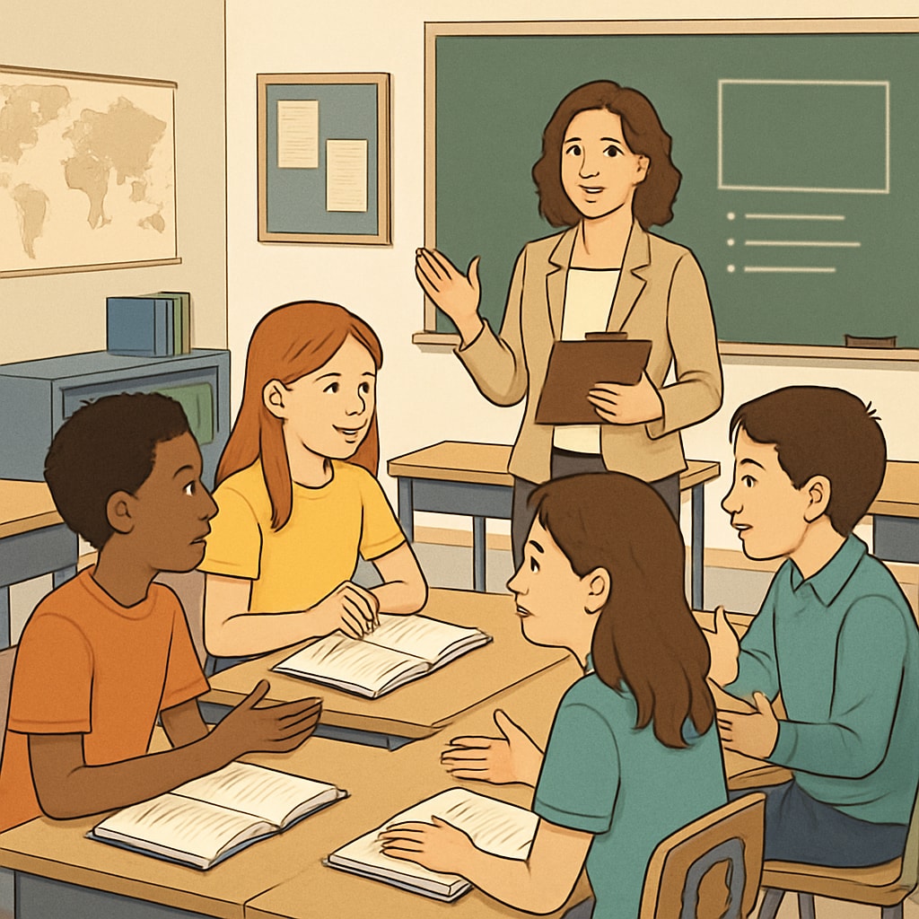 Students in a classroom discussing, demonstrating inclusivity and critical thinking.