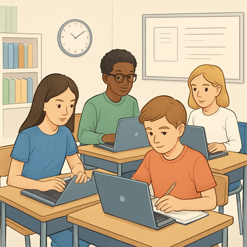 A group of students studying online, representing young learners engaged in advanced education. Gifted middle school students studying online in a dual enrollment program.