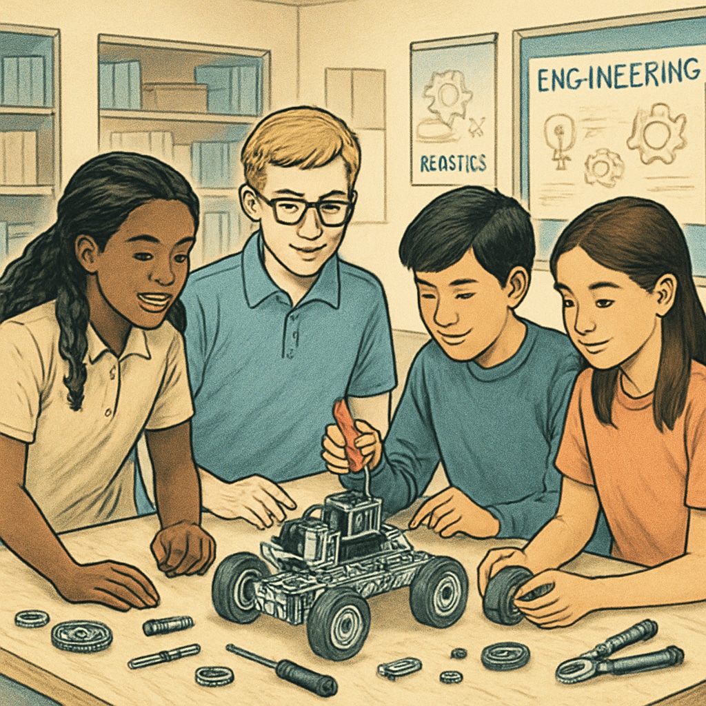 A group of K12 students working collaboratively on a robotics project in a classroom setting. Students collaborating on robotics project during beginner-friendly course.