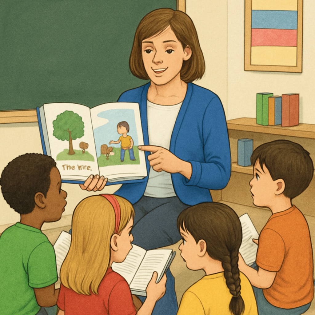 Children engaged in a whole language reading activity with their teacher.