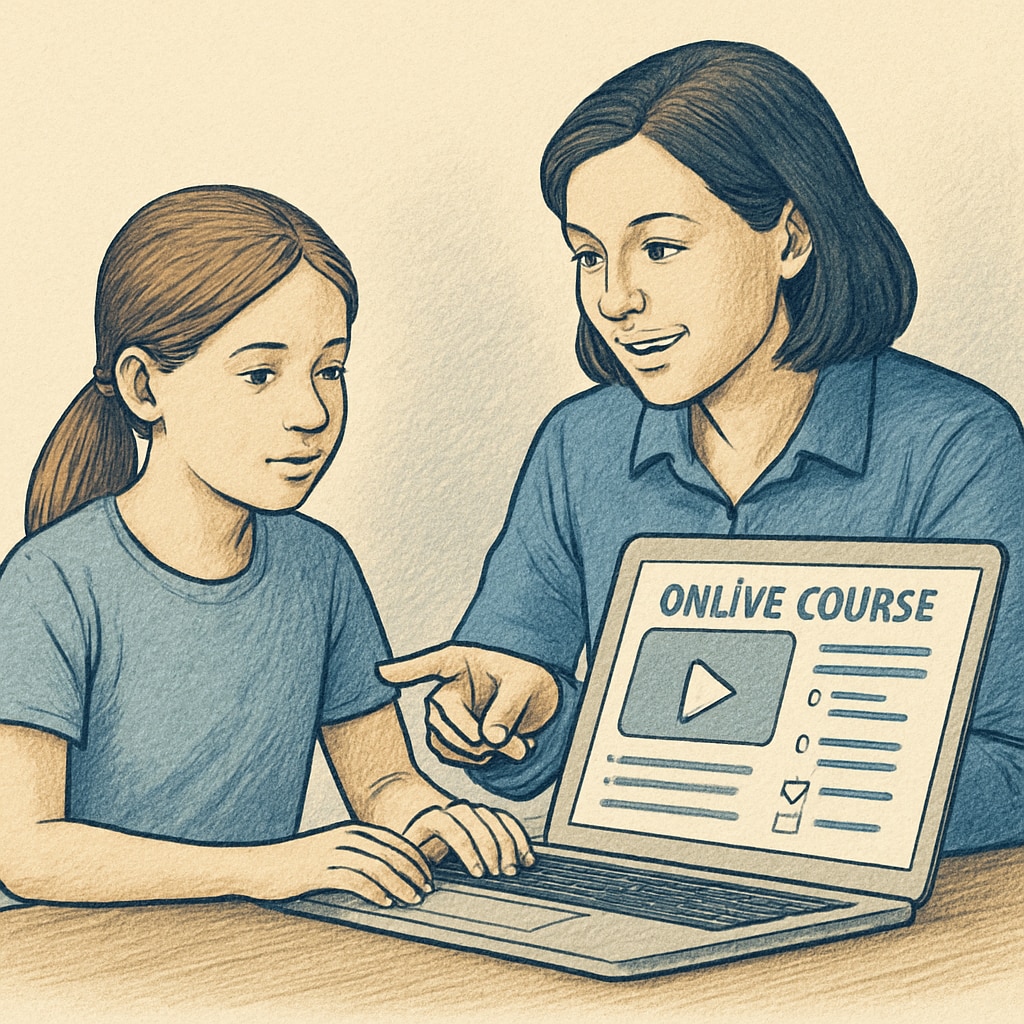 A parent guiding their child through an online course interface, symbolizing parental involvement in homeschooling and dual enrollment. Parent supporting their child with an online course in the Khan World School program.