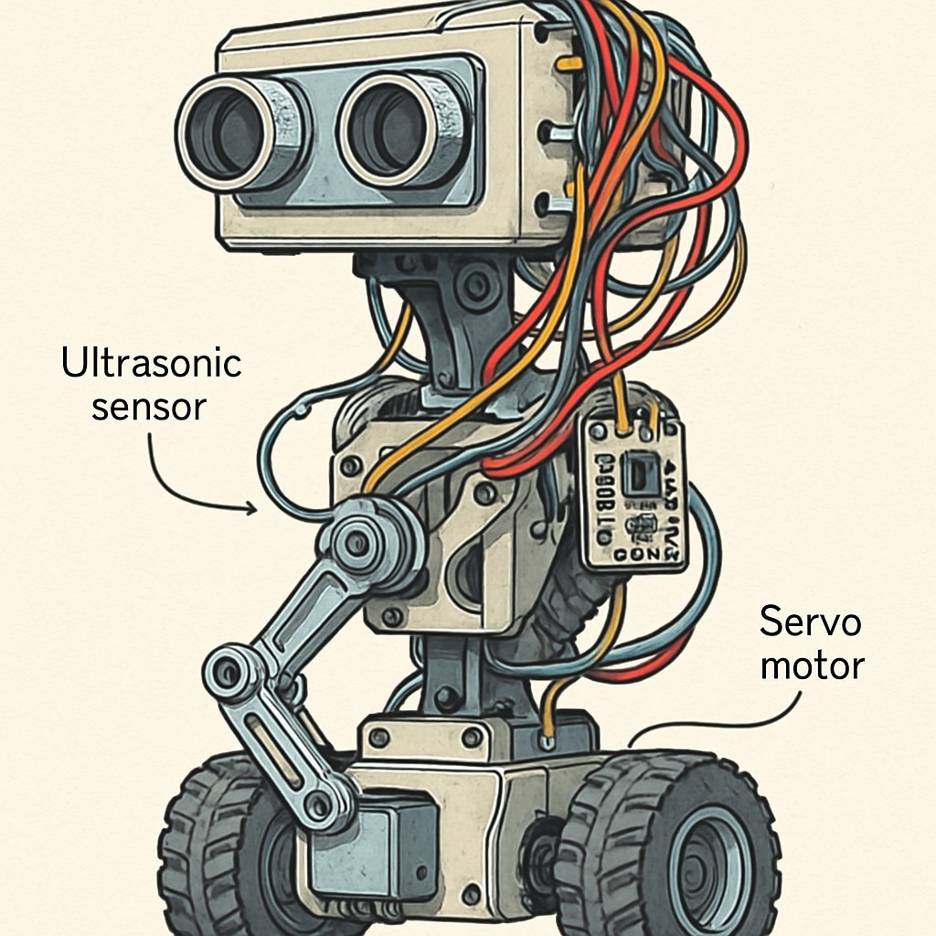A close-up of a robot prototype built by students, showcasing wires, sensors, and mechanical components. Student-built robot prototype featuring mechanical and electrical components.