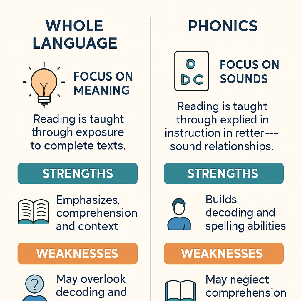 Infographic comparing whole language and phonics methods in reading education.