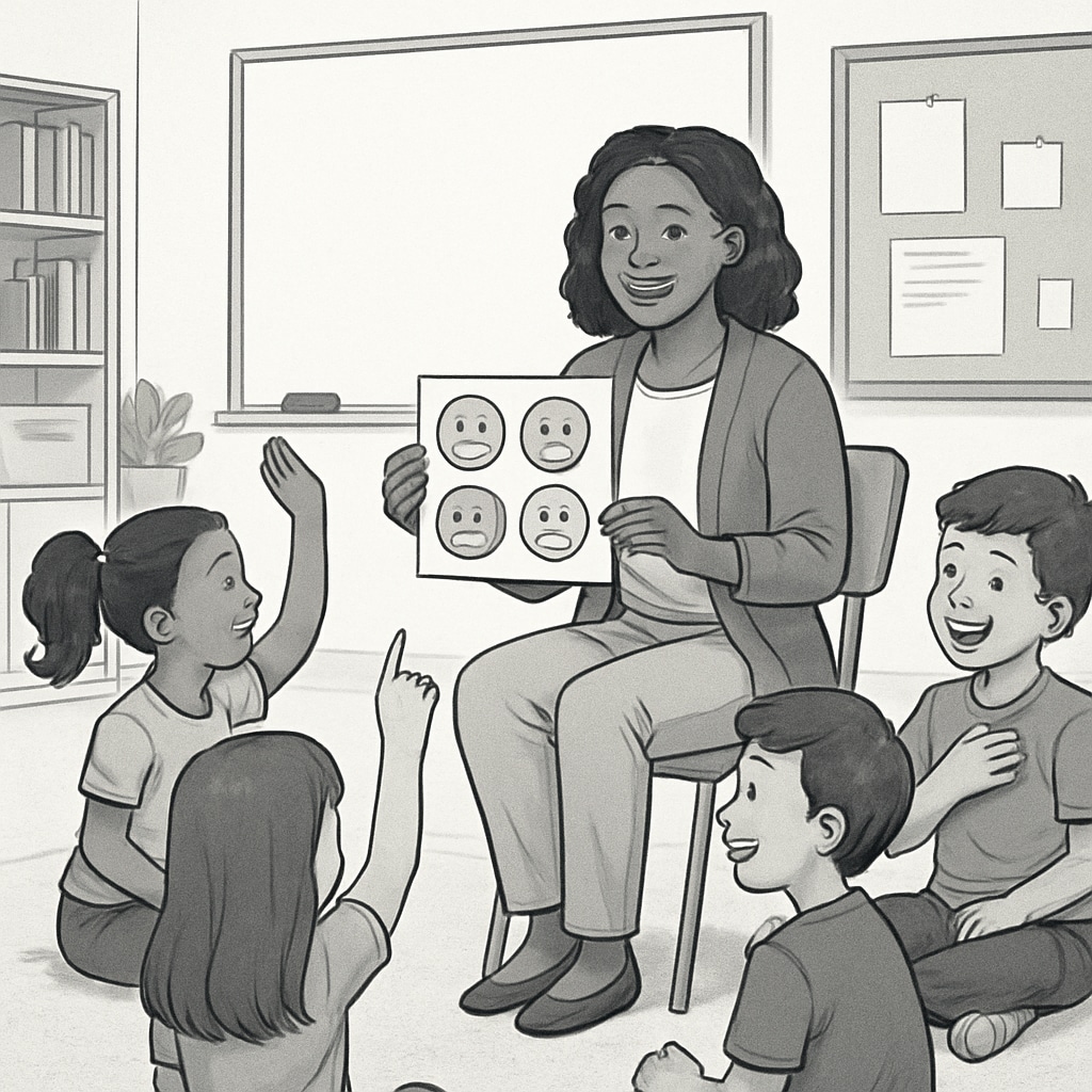 Teacher conducting a social-emotional learning activity in a classroom.