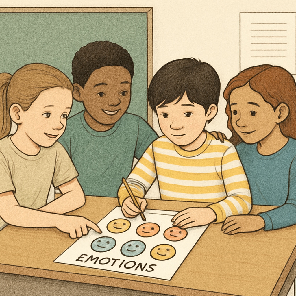 Children participating in an emotional intelligence activity, emphasizing teamwork.