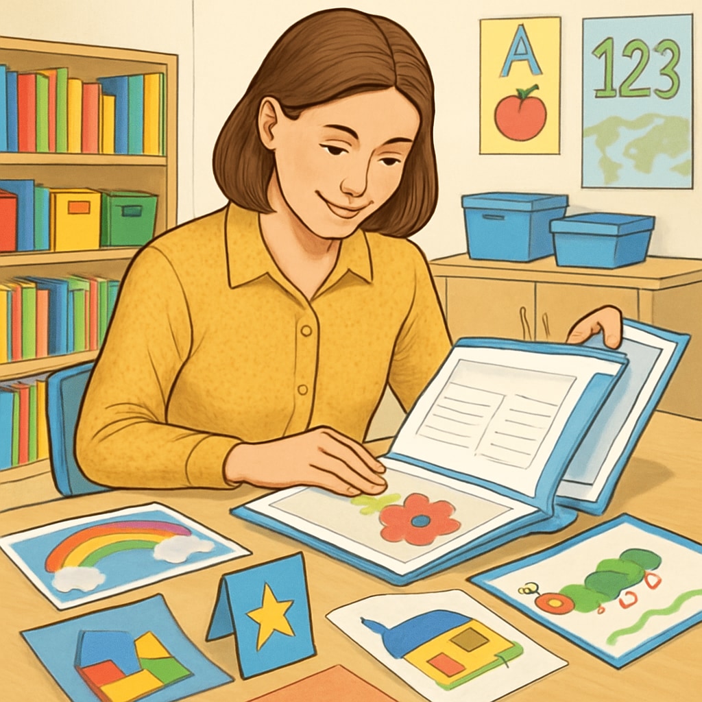 Teacher assessing a child’s creative portfolio for talent evaluation.