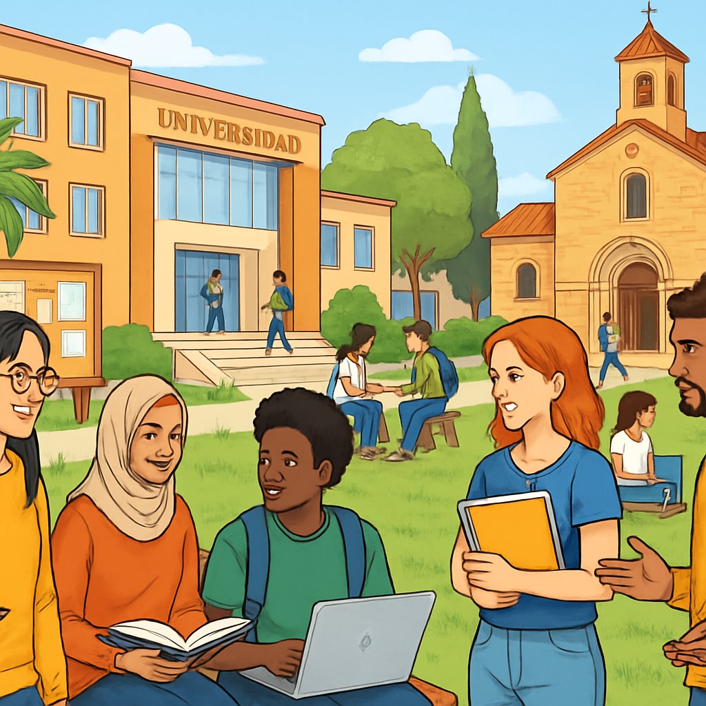 University campus in Spain with students engaging in multicultural activities.