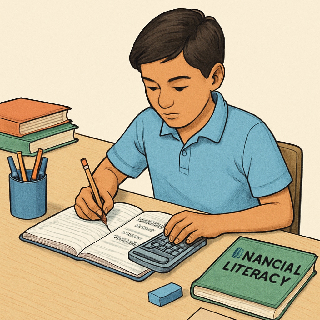 A student calculating expenses using a notebook and a calculator, representing financial literacy education. Student learning financial literacy through practical exercises in school.