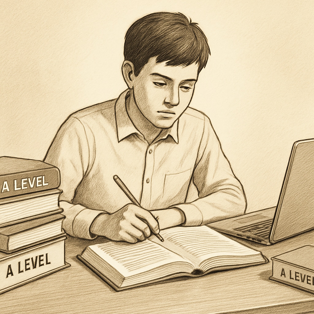 A student studying A Levels with textbooks and a laptop on a desk, symbolizing academic focus. A Levels student studying with textbooks and a laptop, relevant to college preparation.