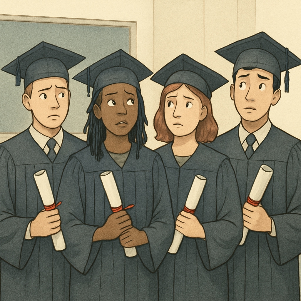 A diverse group of young graduates holding diplomas, appearing uncertain about their employment prospects in today's job market. Graduates questioning the value of their degrees in the face of modern unemployment challenges.
