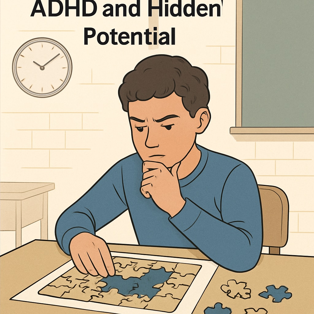 An ADHD student solving a complex puzzle, symbolizing hidden intellectual potential. ADHD student showcasing intellectual potential in a gifted program context.