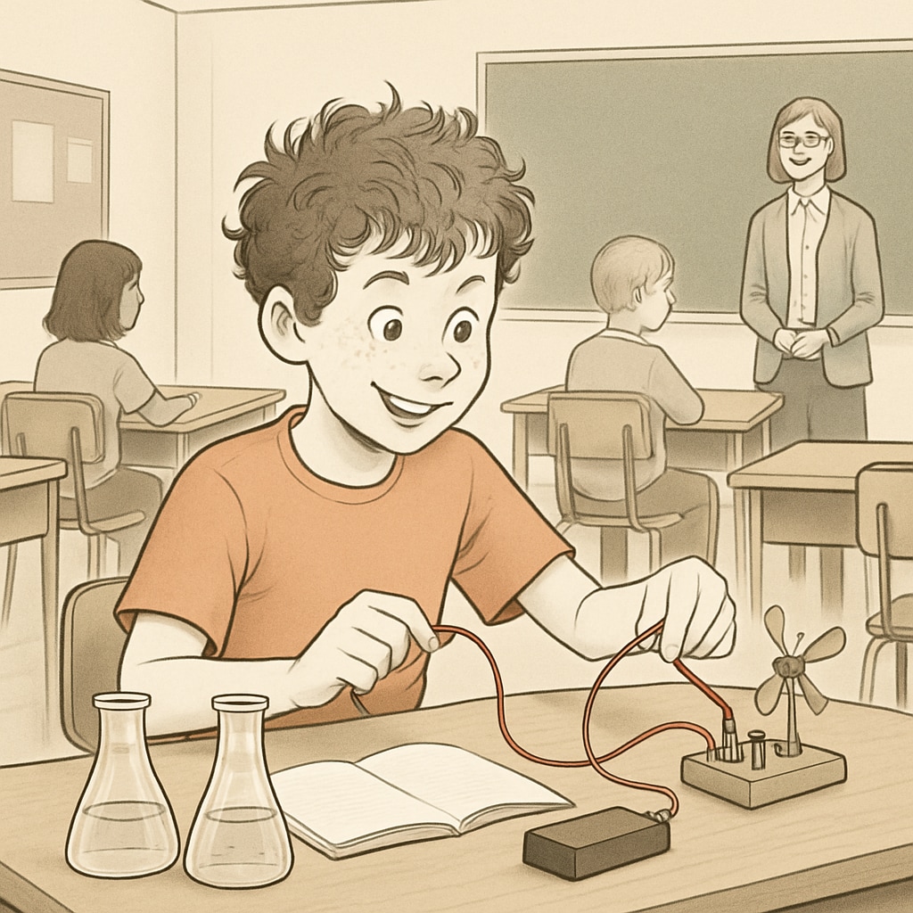 A classroom setting where an ADHD student is engaged in a STEM experiment, showcasing their creativity and focus. ADHD student engaged in a STEM activity demonstrating focus and creativity.