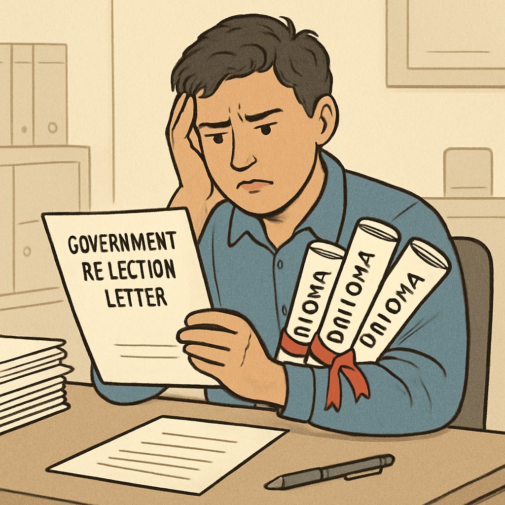A frustrated job applicant holding multiple diplomas, looking at a government job rejection letter. A qualified job applicant rejected due to lack of a high school diploma.
